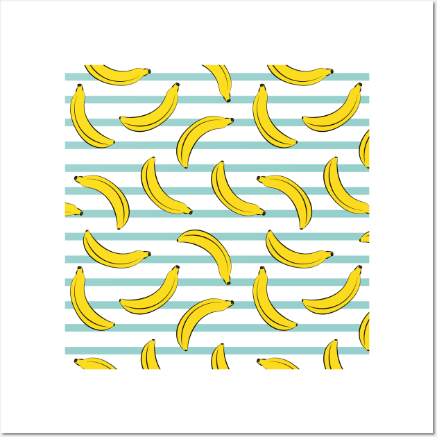 Pop art banana fruit blue striped pattern Wall Art by sziszigraphics